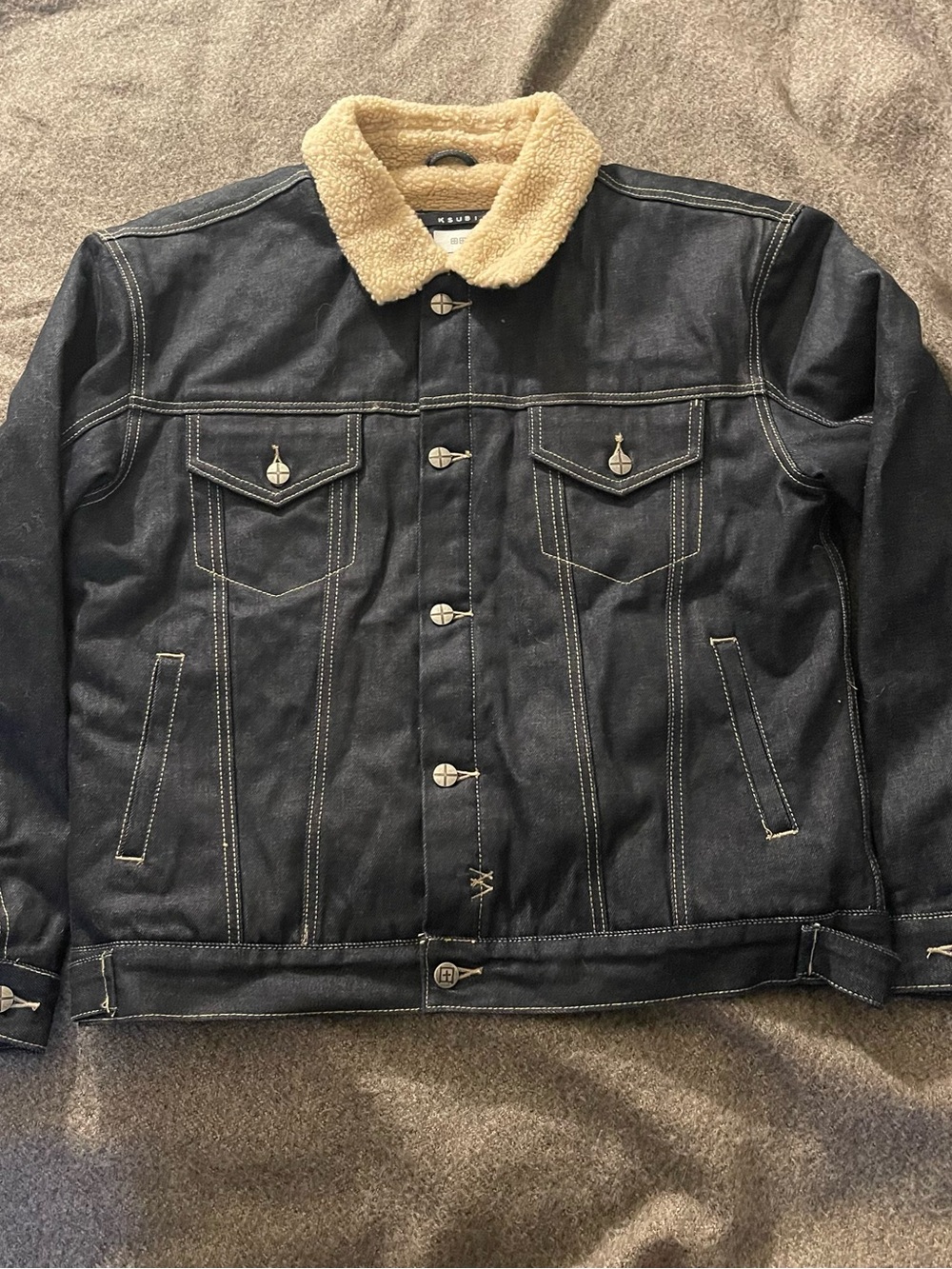 Ksubi Black Denim Jacket with Cream Sherpa Collar